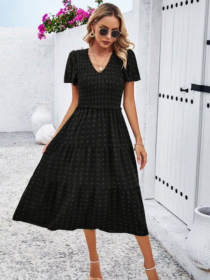 Casual Dresses- Polka Dot Textured Tiered A-Line Smocked Midi Dress with Short Sleeves- - IndioGear Fashion and Gear