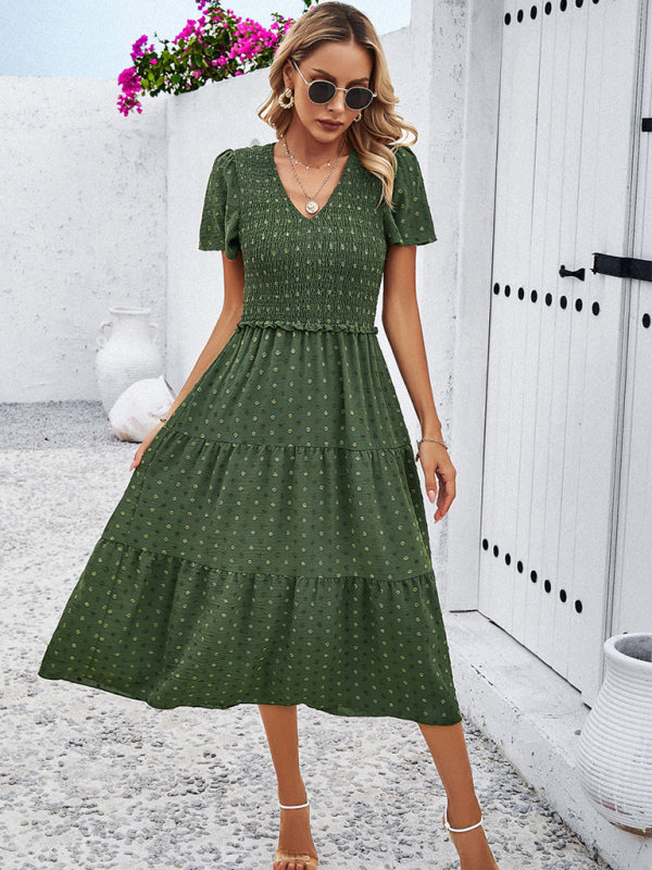 Casual Dresses- Polka Dot Textured Tiered A-Line Smocked Midi Dress with Short Sleeves- - IndioGear Fashion and Gear