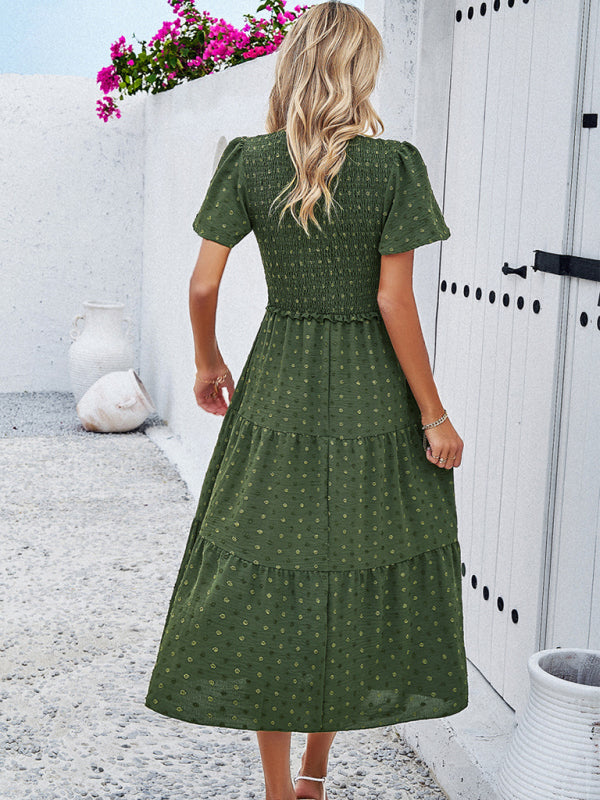 Casual Dresses- Polka Dot Textured Tiered A-Line Smocked Midi Dress with Short Sleeves- - IndioGear Fashion and Gear