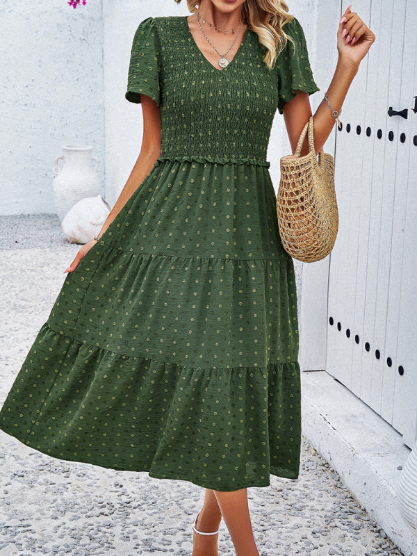 Casual Dresses- Polka Dot Textured Tiered A-Line Smocked Midi Dress with Short Sleeves- - IndioGear Fashion and Gear