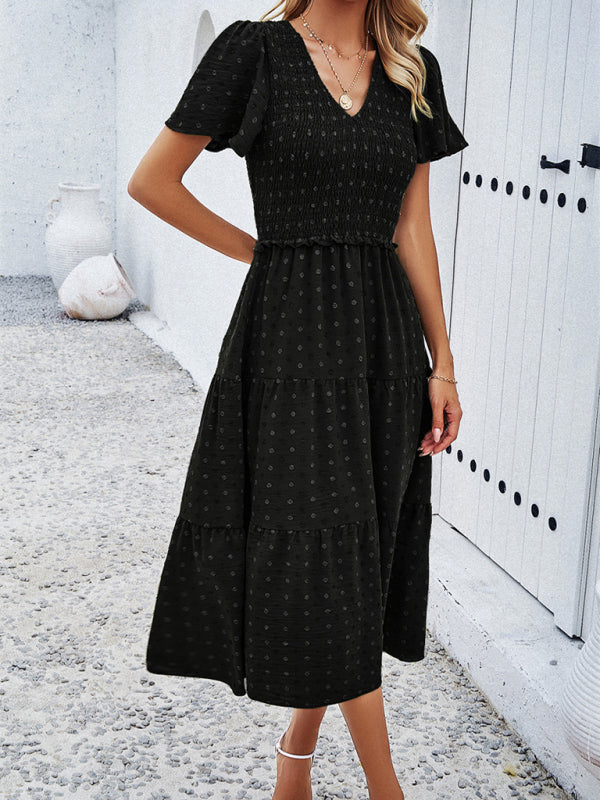 Casual Dresses- Polka Dot Textured Tiered A-Line Smocked Midi Dress with Short Sleeves- - IndioGear Fashion and Gear