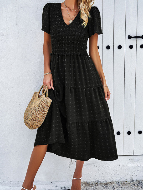 Casual Dresses- Polka Dot Textured Tiered A-Line Smocked Midi Dress with Short Sleeves- - IndioGear Fashion and Gear