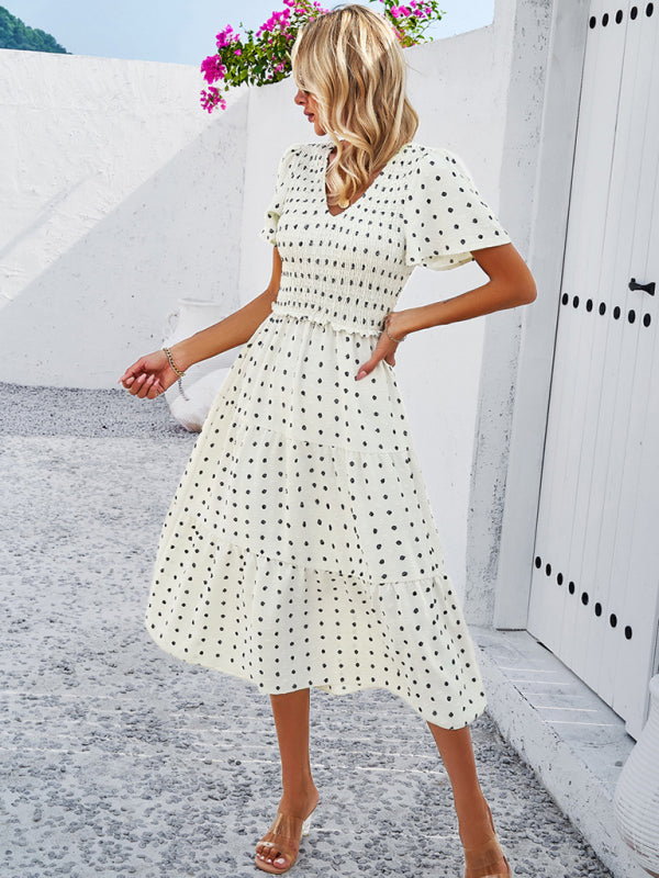 Casual Dresses- Polka Dot Textured Tiered A-Line Smocked Midi Dress with Short Sleeves- - IndioGear Fashion and Gear