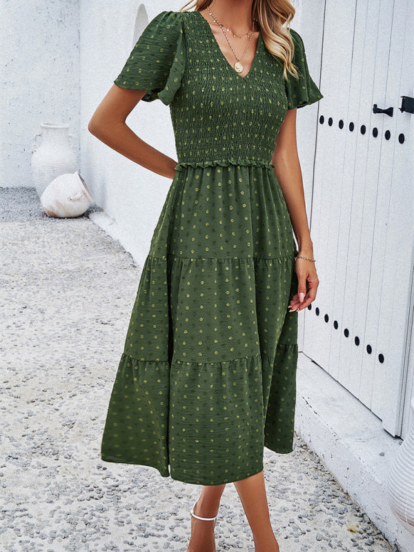 Casual Dresses- Polka Dot Textured Tiered A-Line Smocked Midi Dress with Short Sleeves- - IndioGear Fashion and Gear