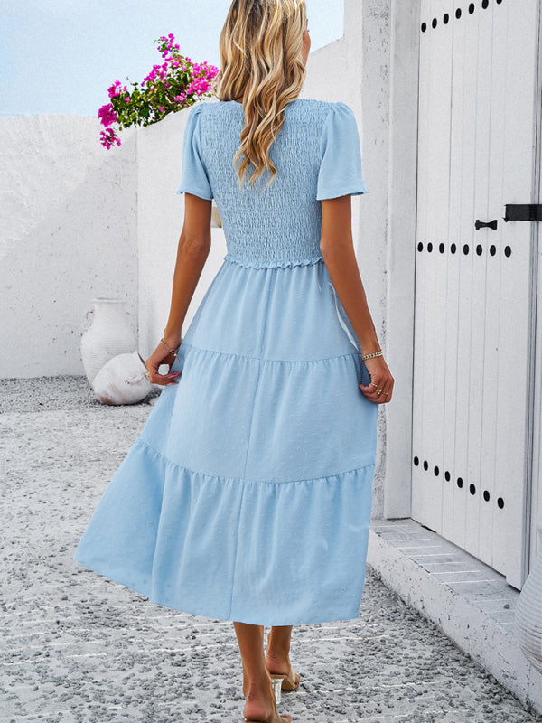 Casual Dresses- Polka Dot Textured Tiered A-Line Smocked Midi Dress with Short Sleeves- - IndioGear Fashion and Gear