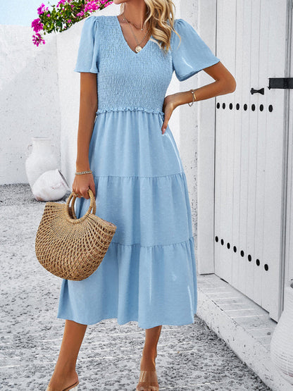 Casual Dresses- Polka Dot Textured Tiered A-Line Smocked Midi Dress with Short Sleeves- - IndioGear Fashion and Gear