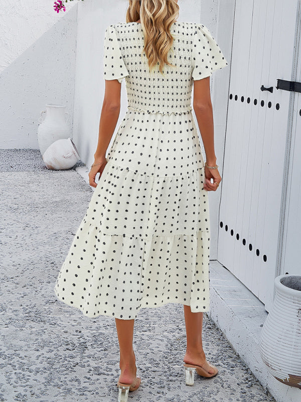 Casual Dresses- Polka Dot Textured Tiered A-Line Smocked Midi Dress with Short Sleeves- - IndioGear Fashion and Gear