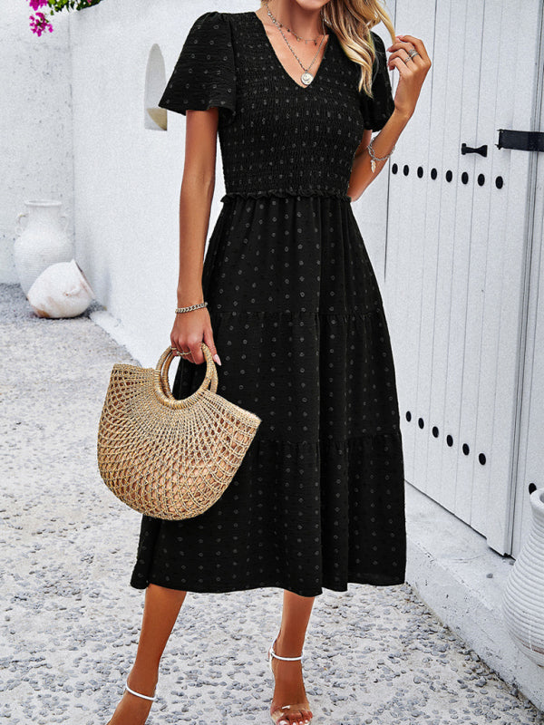 Casual Dresses- Polka Dot Textured Tiered A-Line Smocked Midi Dress with Short Sleeves- - IndioGear Fashion and Gear