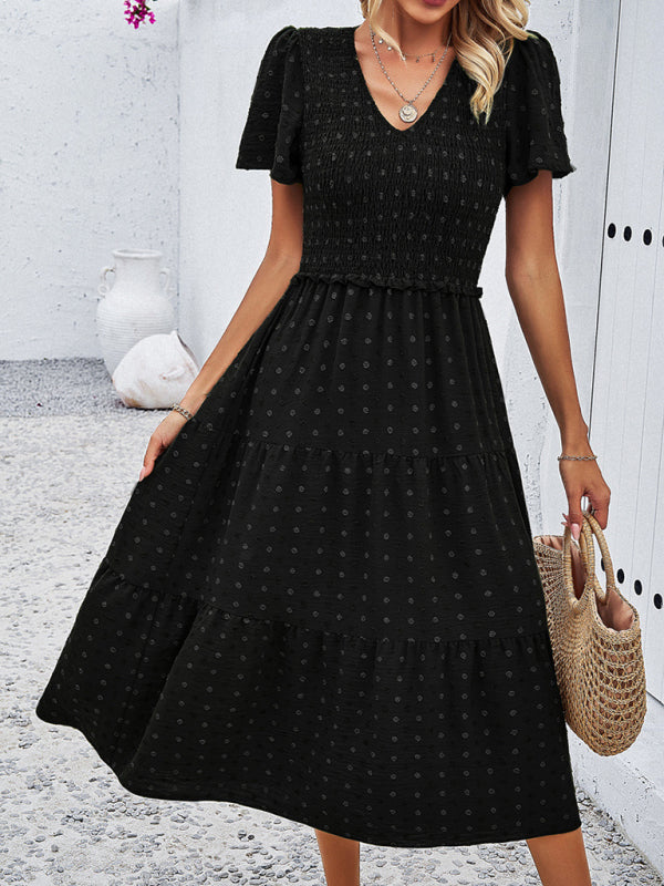 Casual Dresses- Polka Dot Textured Tiered A-Line Smocked Midi Dress with Short Sleeves- - IndioGear Fashion and Gear