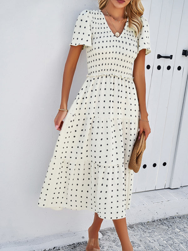 Casual Dresses- Polka Dot Textured Tiered A-Line Smocked Midi Dress with Short Sleeves- - IndioGear Fashion and Gear