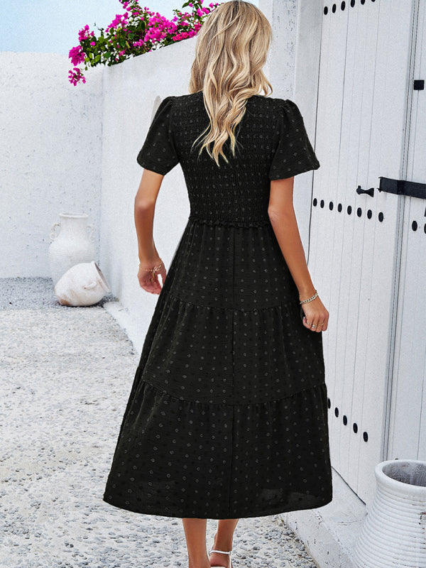 Casual Dresses- Polka Dot Textured Tiered A-Line Smocked Midi Dress with Short Sleeves- - IndioGear Fashion and Gear