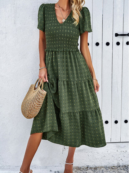 Casual Dresses- Polka Dot Textured Tiered A-Line Smocked Midi Dress with Short Sleeves- Olive green- IndioGear Fashion and Gear