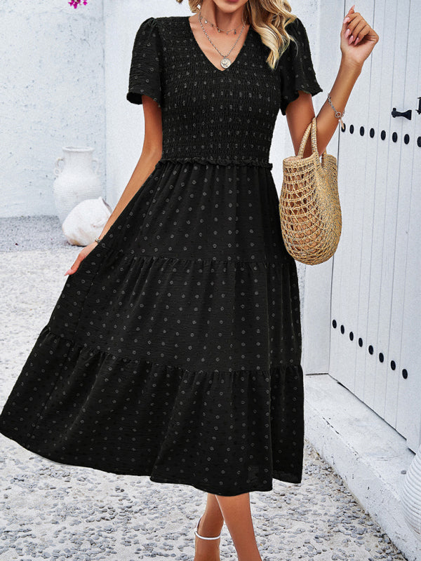 Casual Dresses- Polka Dot Textured Tiered A-Line Smocked Midi Dress with Short Sleeves- Black- IndioGear Fashion and Gear