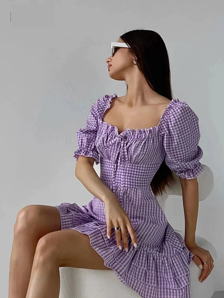 Casual Dresses- Purple Square Neck A-Line Mini Dress in Summer Plaid with Puff Sleeves- - IndioGear Fashion and Gear