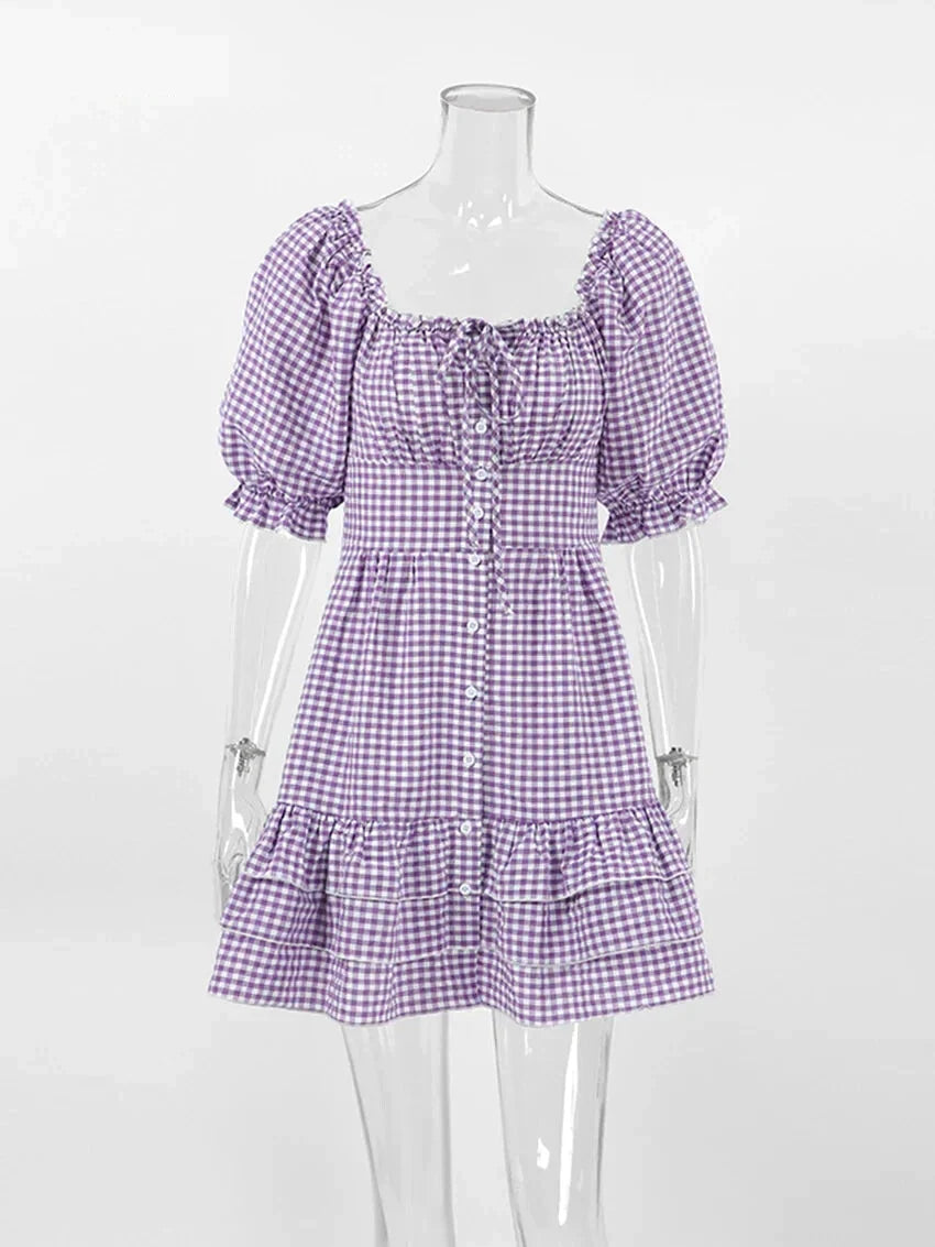 Casual Dresses- Purple Square Neck A-Line Mini Dress in Summer Plaid with Puff Sleeves- - IndioGear Fashion and Gear