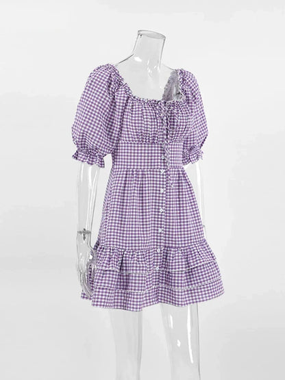 Casual Dresses- Purple Square Neck A-Line Mini Dress in Summer Plaid with Puff Sleeves- - IndioGear Fashion and Gear