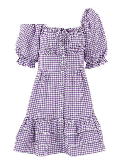 Casual Dresses- Purple Square Neck A-Line Mini Dress in Summer Plaid with Puff Sleeves- - IndioGear Fashion and Gear