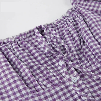 Casual Dresses- Purple Square Neck A-Line Mini Dress in Summer Plaid with Puff Sleeves- - IndioGear Fashion and Gear