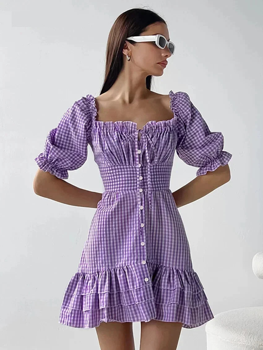 Casual Dresses- Purple Square Neck A-Line Mini Dress in Summer Plaid with Puff Sleeves- Purple- IndioGear Fashion and Gear