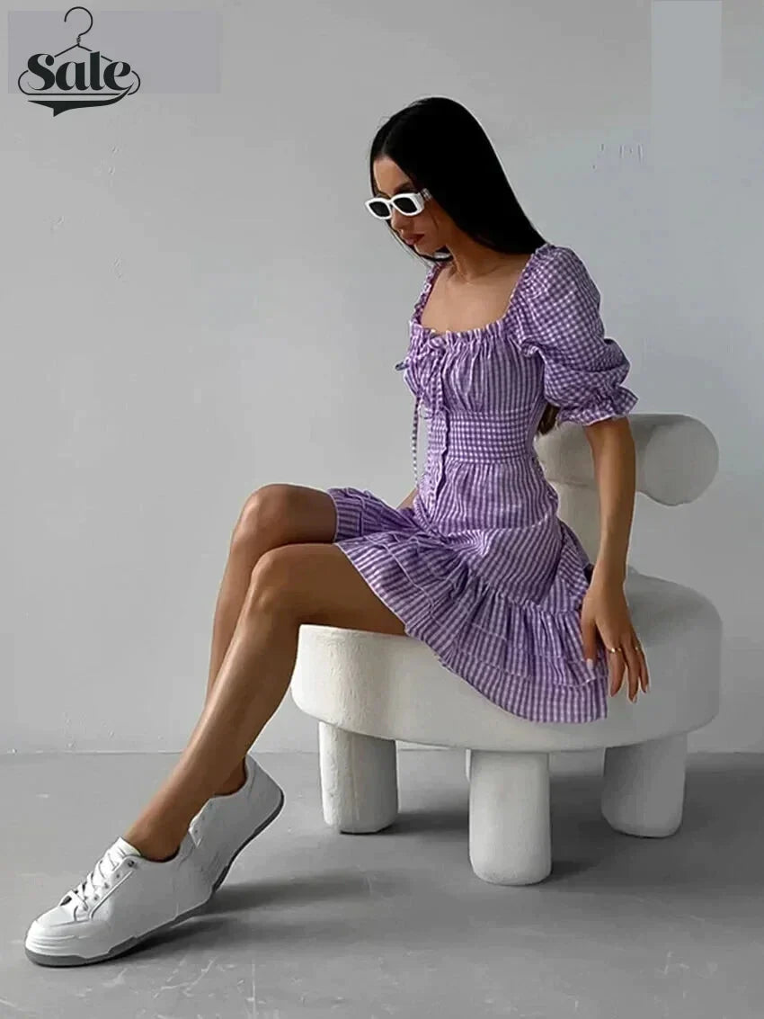 Casual Dresses- Purple Square Neck A-Line Mini Dress in Summer Plaid with Puff Sleeves- - IndioGear Fashion and Gear