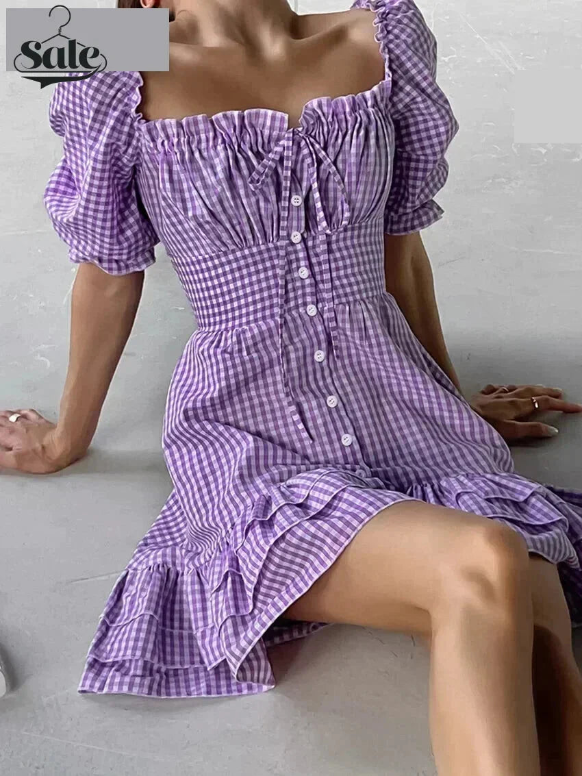 Casual Dresses- Purple Square Neck A-Line Mini Dress in Summer Plaid with Puff Sleeves- - IndioGear Fashion and Gear