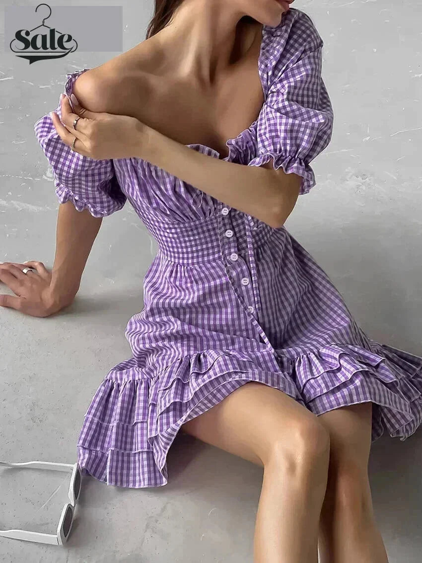 Casual Dresses- Purple Square Neck A-Line Mini Dress in Summer Plaid with Puff Sleeves- - IndioGear Fashion and Gear