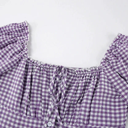 Casual Dresses- Purple Square Neck A-Line Mini Dress in Summer Plaid with Puff Sleeves- - IndioGear Fashion and Gear