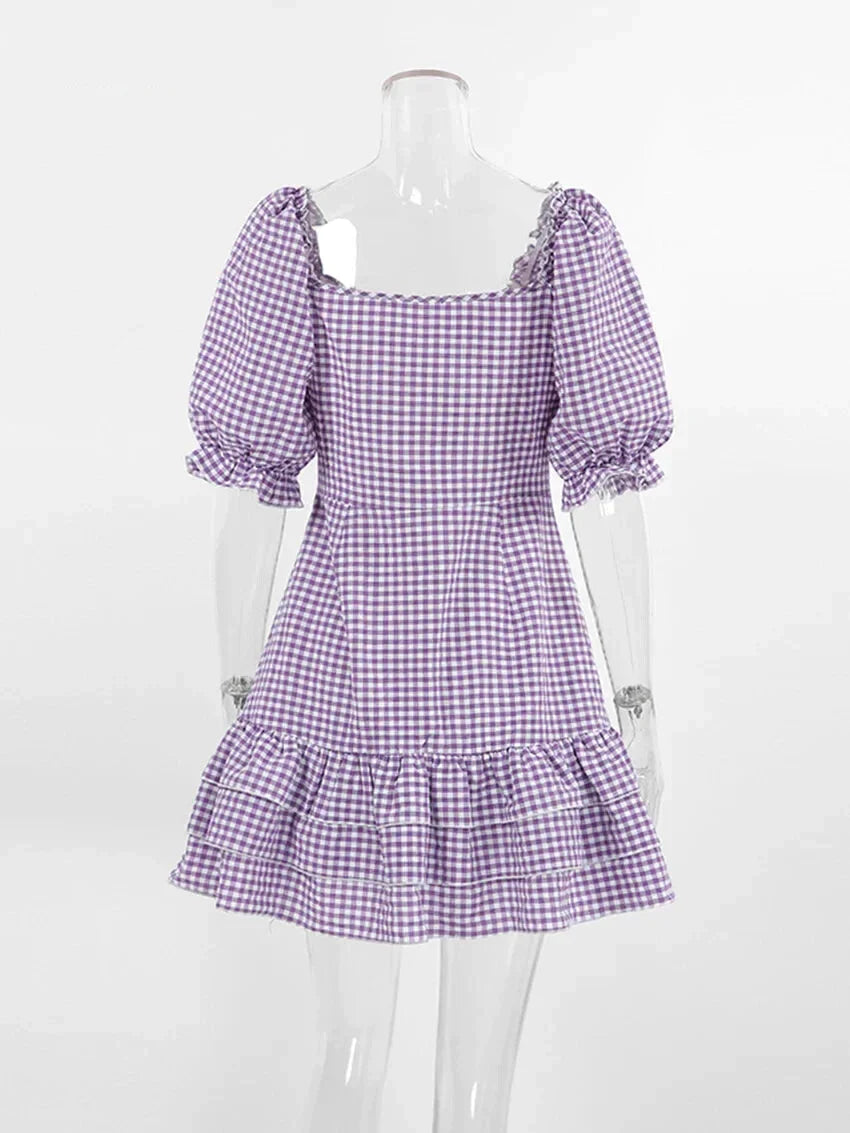 Casual Dresses- Purple Square Neck A-Line Mini Dress in Summer Plaid with Puff Sleeves- - IndioGear Fashion and Gear