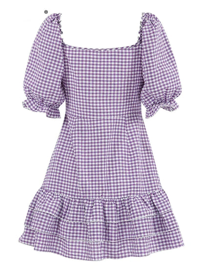 Casual Dresses- Purple Square Neck A-Line Mini Dress in Summer Plaid with Puff Sleeves- - IndioGear Fashion and Gear