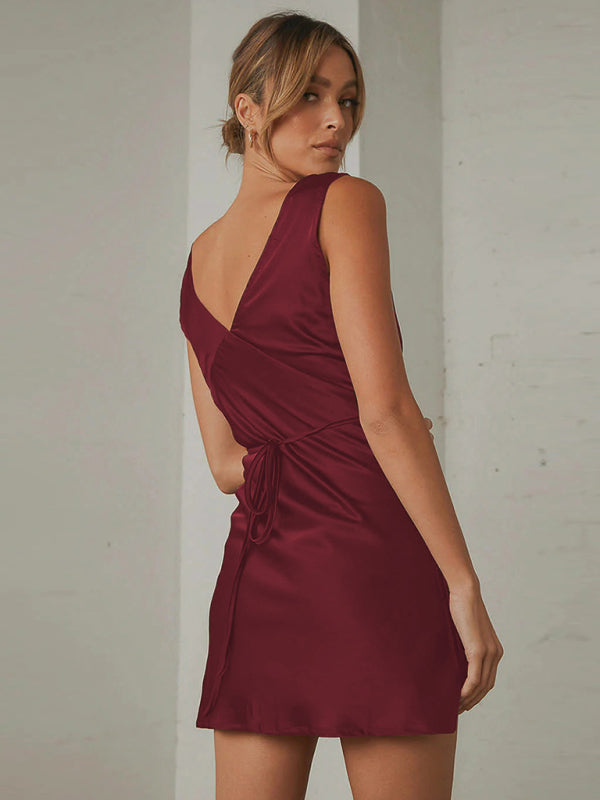 Satin Slip Sleeveless V-Neck A-Line Dress with Tie Back