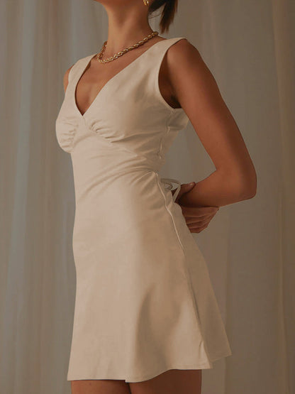 Satin Slip Sleeveless V-Neck A-Line Dress with Tie Back