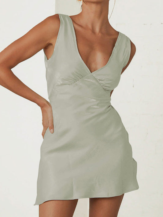 Satin Slip Sleeveless V-Neck A-Line Dress with Tie Back