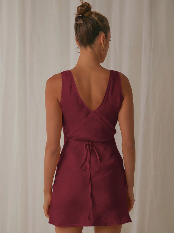 Satin Slip Sleeveless V-Neck A-Line Dress with Tie Back