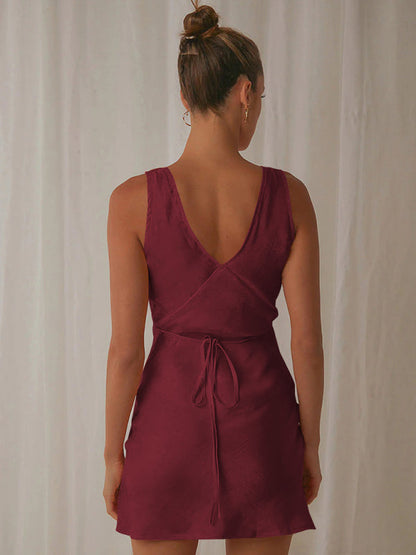 Satin Slip Sleeveless V-Neck A-Line Dress with Tie Back