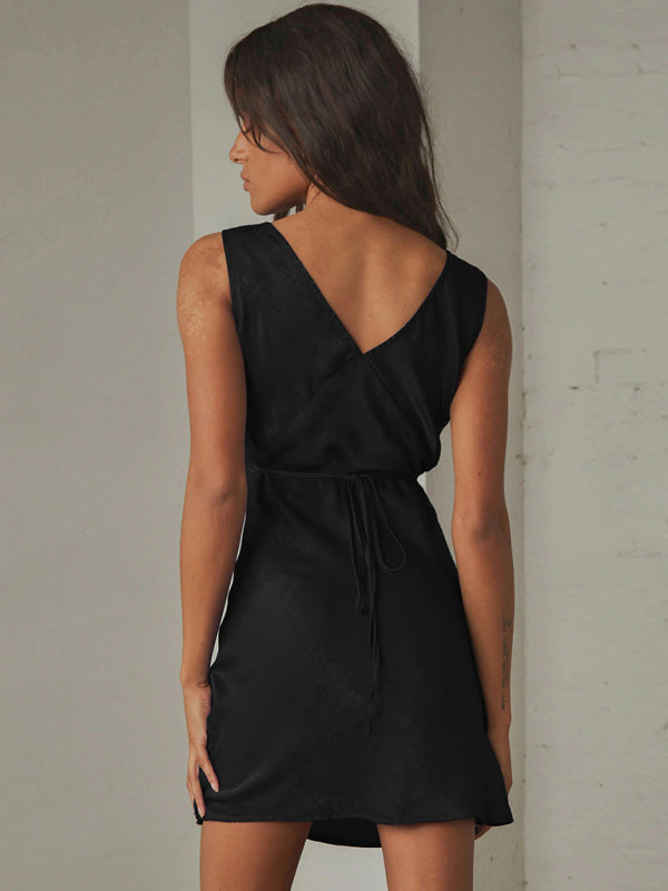 Satin Slip Sleeveless V-Neck A-Line Dress with Tie Back