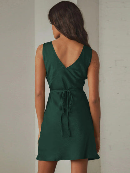 Satin Slip Sleeveless V-Neck A-Line Dress with Tie Back