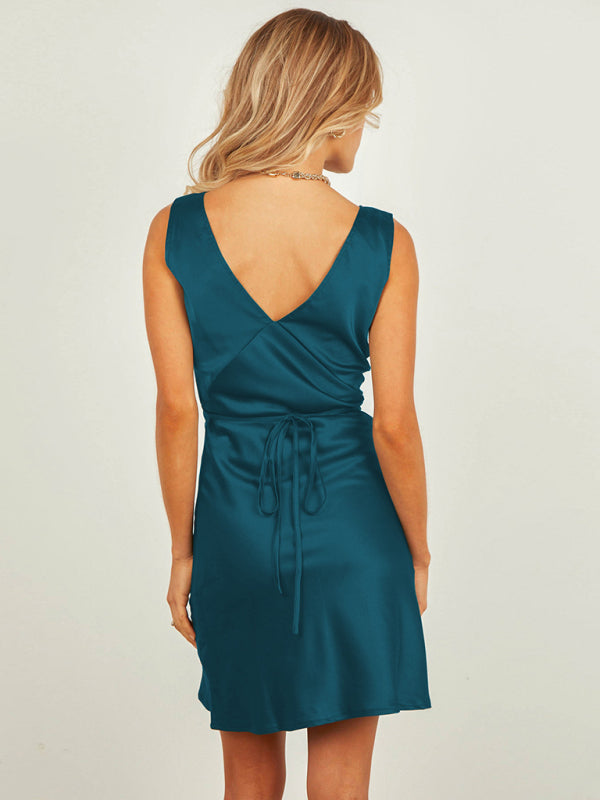 Satin Slip Sleeveless V-Neck A-Line Dress with Tie Back