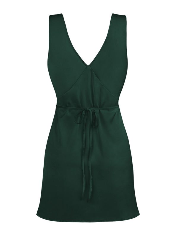 Satin Slip Sleeveless V-Neck A-Line Dress with Tie Back