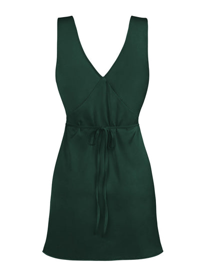 Satin Slip Sleeveless V-Neck A-Line Dress with Tie Back