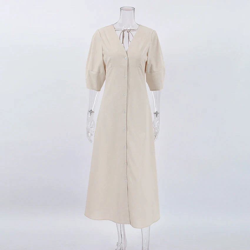 Casual Dresses- Solid A-Line Button-Up Midi Dress in Solid Cotton Linen- - Chuzko Women Clothing