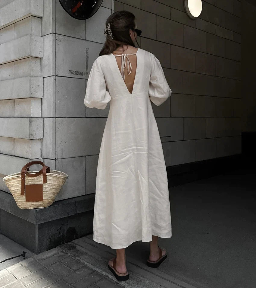 Casual Dresses- Solid A-Line Button-Up Midi Dress in Solid Cotton Linen- - Chuzko Women Clothing