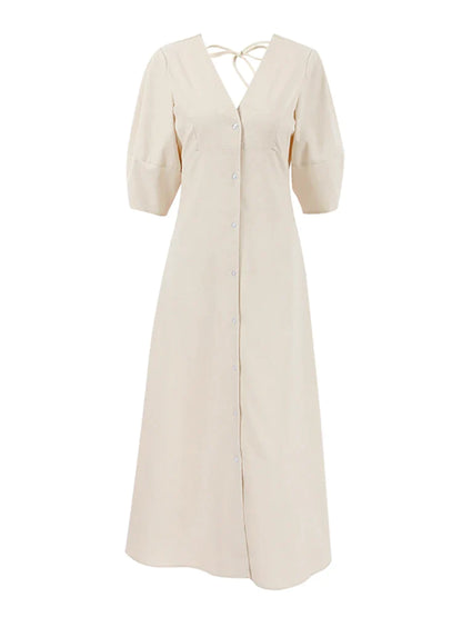 Casual Dresses- Solid A-Line Button-Up Midi Dress in Solid Cotton Linen- beige- Chuzko Women Clothing