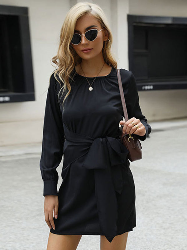 Casual Dresses- Solid Bowknot Waist Mini Dress with Long Sleeves- Black- IndioGear Clothing and Gear