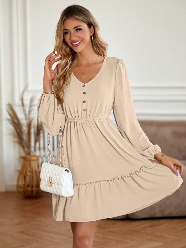 Casual Dresses- Solid Long Sleeve A-Line Dress with Gathered Waist- Chuzko Women Clothing