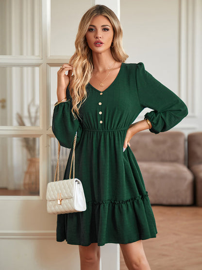 Casual Dresses- Solid Long Sleeve A-Line Dress with Gathered Waist- Chuzko Women Clothing