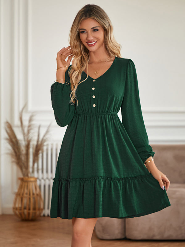 Casual Dresses- Solid Long Sleeve A-Line Dress with Gathered Waist- Chuzko Women Clothing