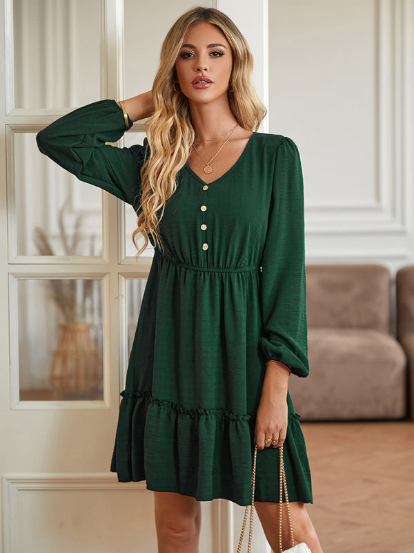 Casual Dresses- Solid Long Sleeve A-Line Dress with Gathered Waist- Chuzko Women Clothing