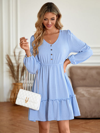 Casual Dresses- Solid Long Sleeve A-Line Dress with Gathered Waist- Chuzko Women Clothing