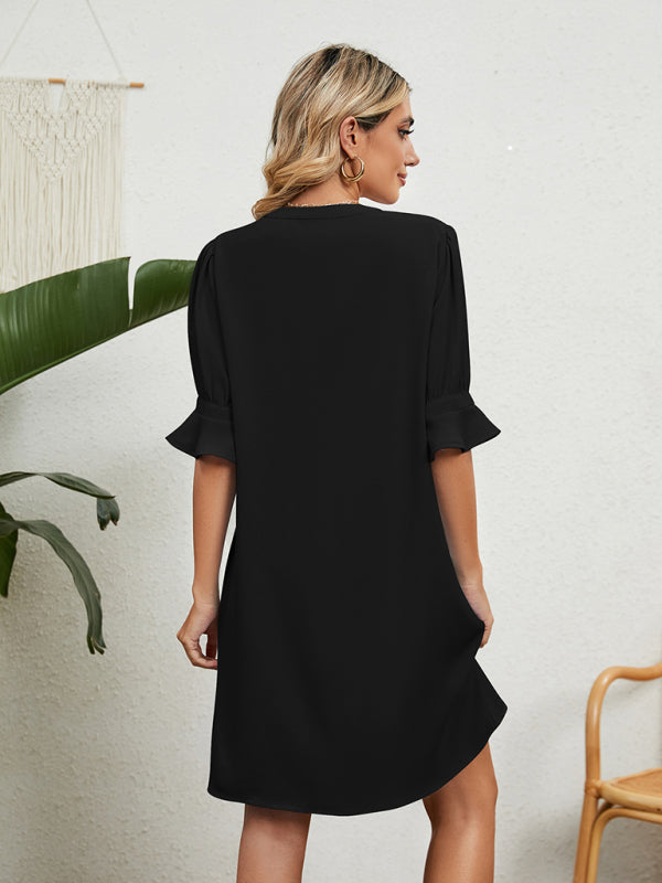 Casual Dresses- Solid Notch Neck Half Sleeve Loose Dress- - IndioGear Fashion and Gear