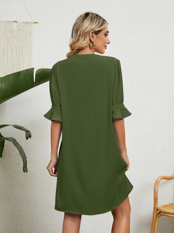 Casual Dresses- Solid Notch Neck Half Sleeve Loose Dress- - IndioGear Fashion and Gear